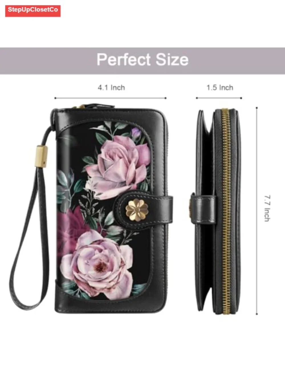 Large Capacity Genuine Leather RFID Blocking Wristlet Wallet with Floral Design